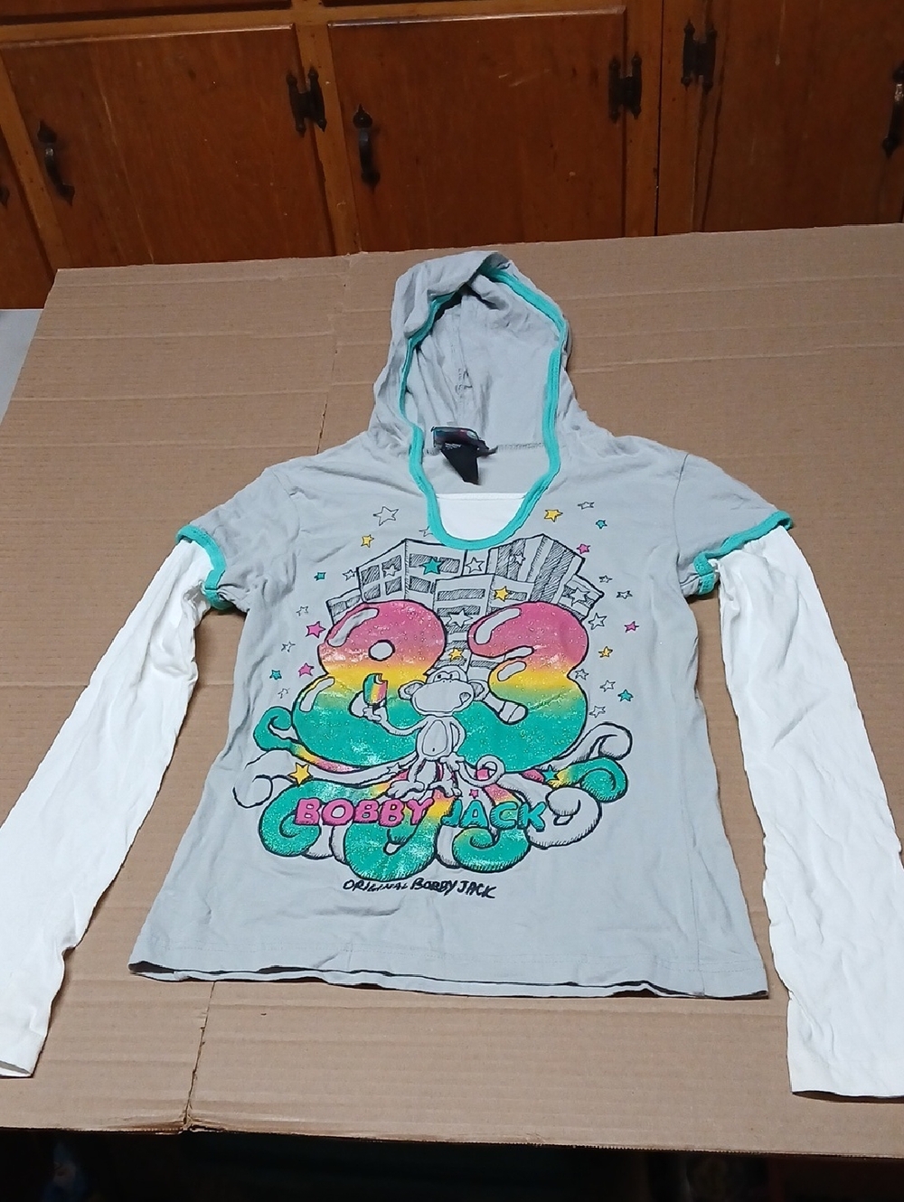 Bobby Jack Special Sketch Edition Hooded 2-Fer Long Sleeve Graphic Tee Y2K RARE
